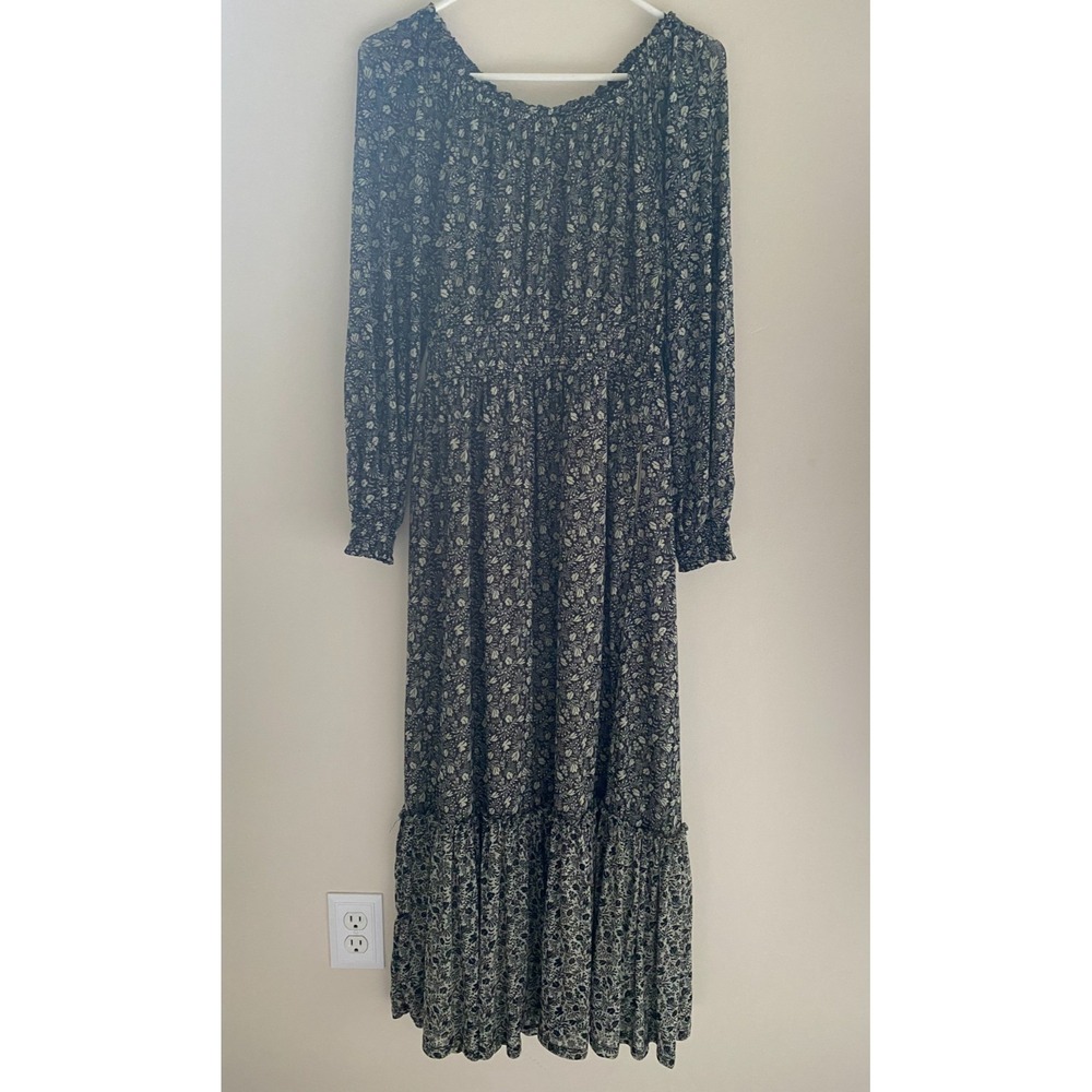 Knox Rose Dress Womens Small Black Floral Boho Prairie Maxi Off Shoulder